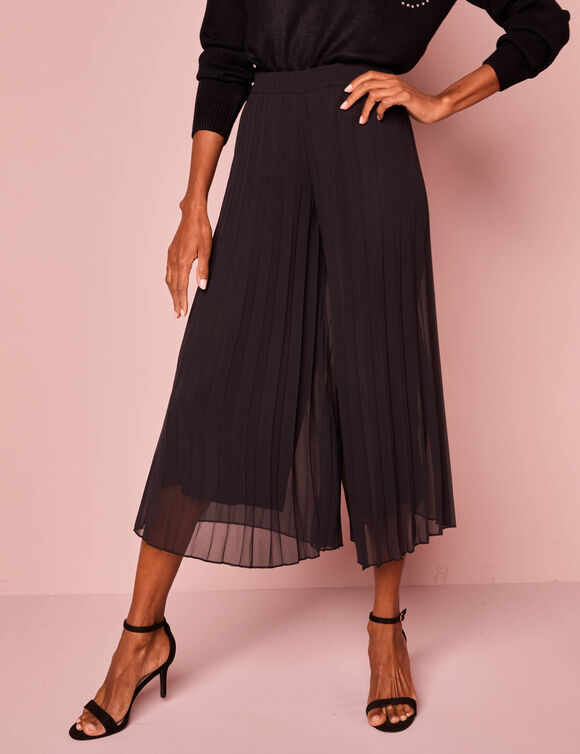 Pantacourt taille élastiquée, voile plissé (noir) Pantacourt taille élastiquée, voile plissé (noir)